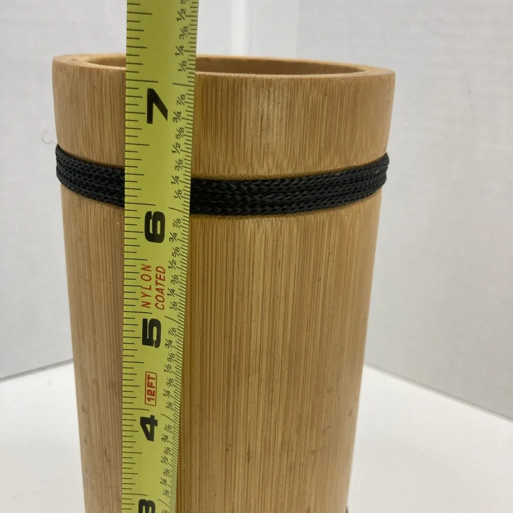 Natural Bamboo Cylinder Vase Decorative Container with Black Cord Accents 7.25in